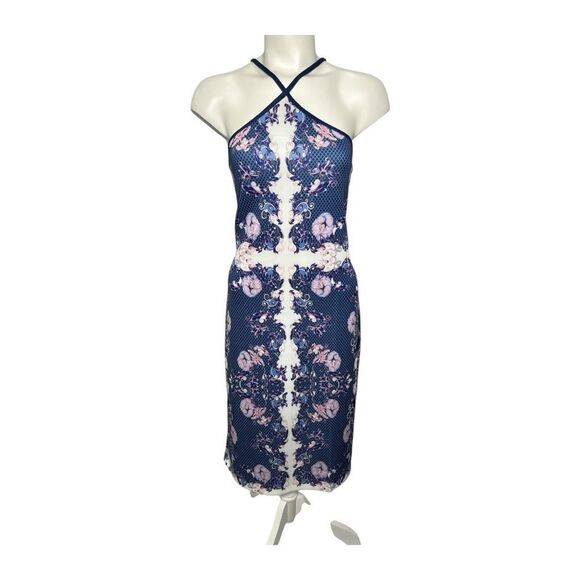 VENUS Dresses & Skirts - Venus Blue Pink Floral Halter Scuba Sheath Dress Sz Large